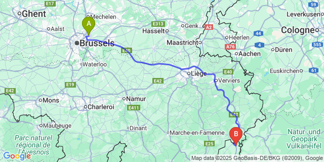 Map: Brussels Zaventem Airport (BRU) to Weiswampach