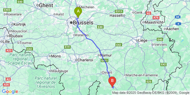 Map: Brussels Zaventem Airport (BRU) to Wellin