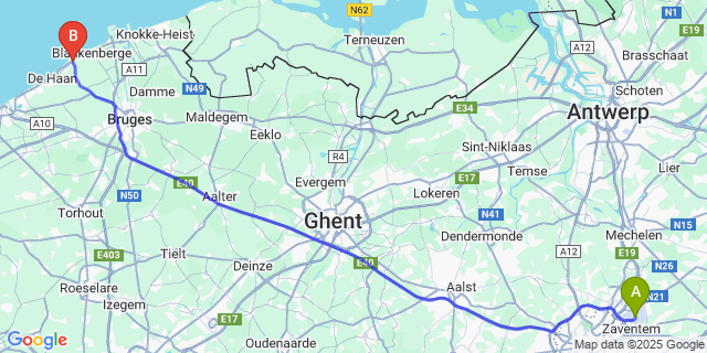 Map: Brussels Zaventem Airport (BRU) to Wenduine