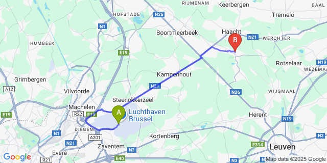 Map: Brussels Zaventem Airport (BRU) to Wespelaar