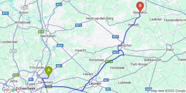 Map: Brussels Zaventem Airport (BRU) to Westerlo