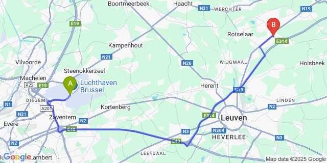 Map: Brussels Zaventem Airport (BRU) to Wezemaal