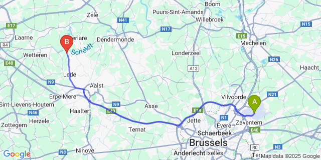 Map: Brussels Zaventem Airport (BRU) to Wichelen