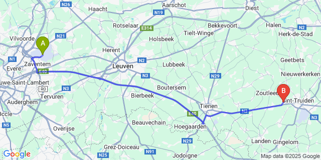 Map: Brussels Zaventem Airport (BRU) to Wilderen