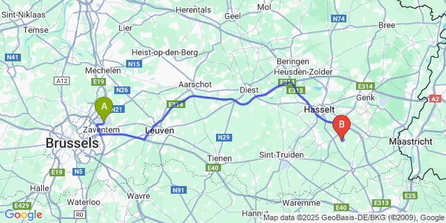 Map: Brussels Zaventem Airport (BRU) to Wintershoven