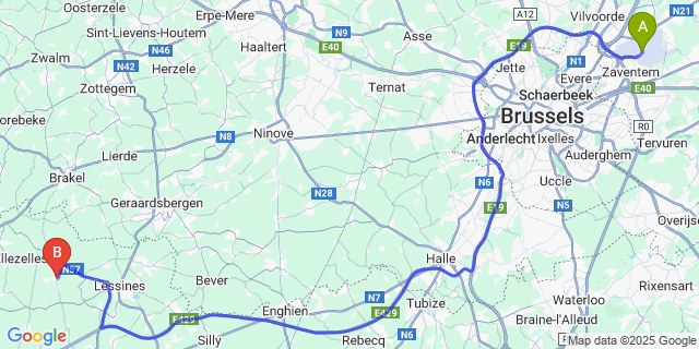 Map: Brussels Zaventem Airport (BRU) to Wodecq