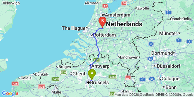 Map: Brussels Zaventem Airport (BRU) to Woerden