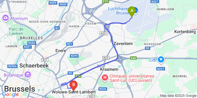 Map: Brussels Zaventem Airport (BRU) to Woluwe-Saint-Lambert