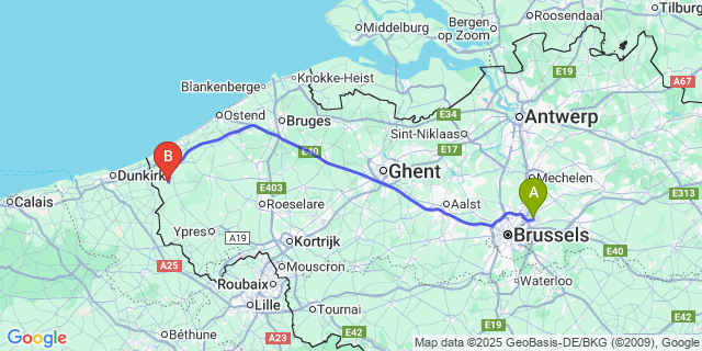 Map: Brussels Zaventem Airport (BRU) to Wulveringem