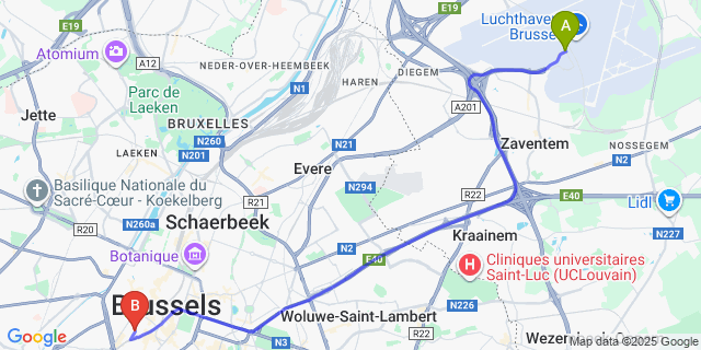 Map: Brussels Zaventem Airport (BRU) to X2Brussels Bed & Breakfast