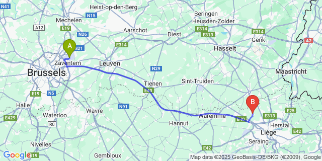 Map: Brussels Zaventem Airport (BRU) to Xhendremael