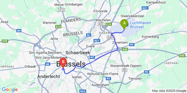Map: Brussels Zaventem Airport (BRU) to Yooma Urban Lodge, Brussels