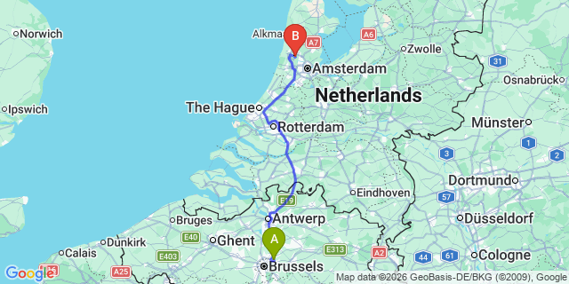 Map: Brussels Zaventem Airport (BRU) to Zaanstad