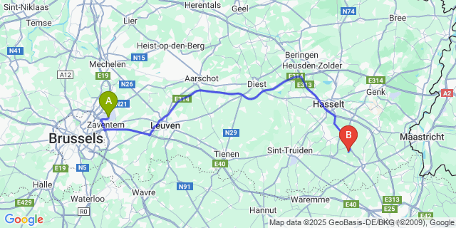 Map: Brussels Zaventem Airport (BRU) to Zammelen