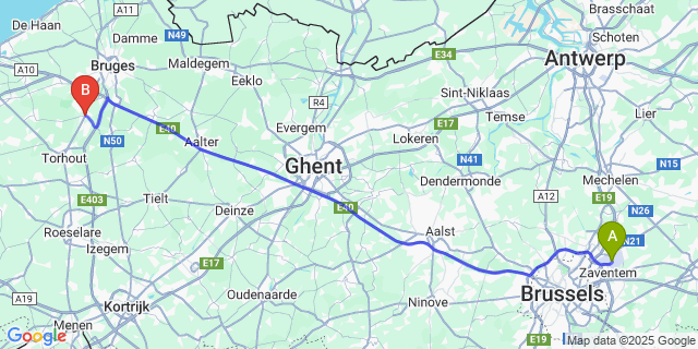 Map: Brussels Zaventem Airport (BRU) to Zedelgem