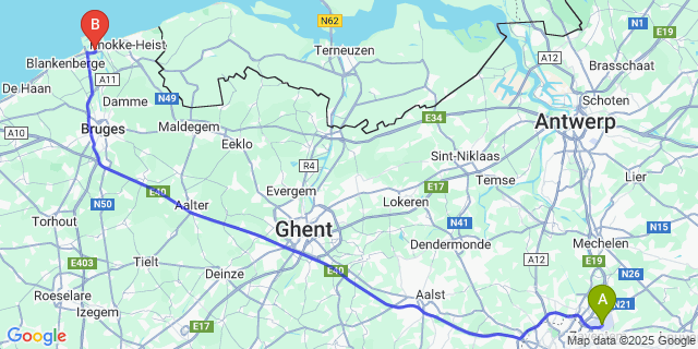 Map: Brussels Zaventem Airport (BRU) to Zeebrugge