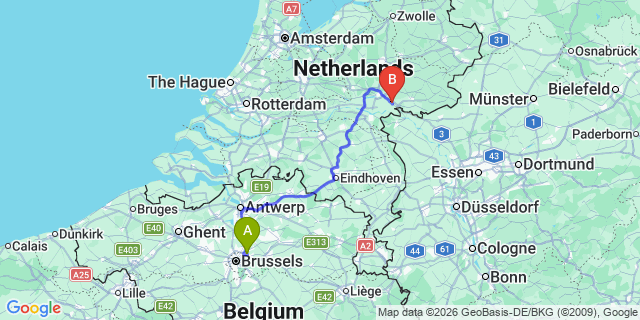 Map: Brussels Zaventem Airport (BRU) to Zevenaar
