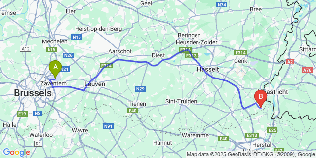 Map: Brussels Zaventem Airport (BRU) to Zichen-Zussen-Bolder