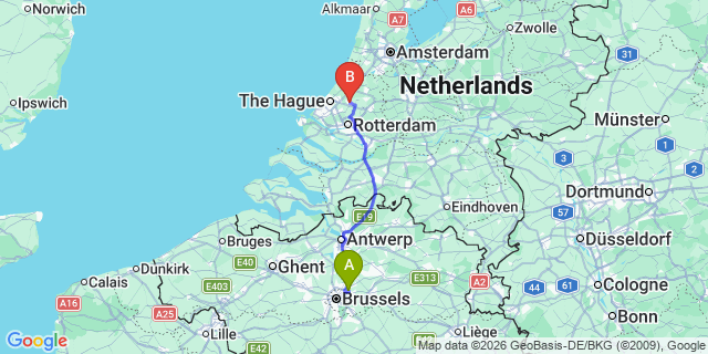 Map: Brussels Zaventem Airport (BRU) to Zoetermeer