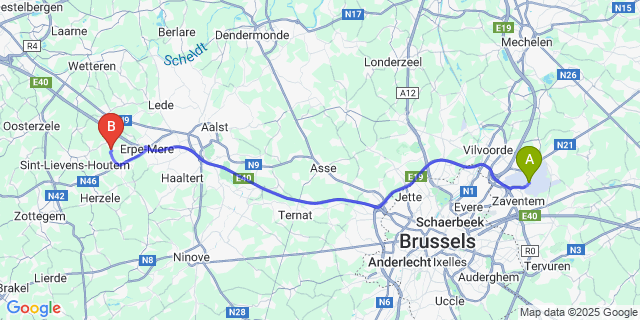 Map: Brussels Zaventem Airport (BRU) to Zonnegem