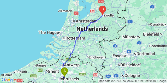 Map: Brussels Zaventem Airport (BRU) to Zwolle