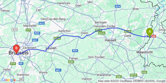 Map: Brussels Midi Train Station to Kotem