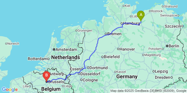 Map: Brussels Midi Train Station to Larum