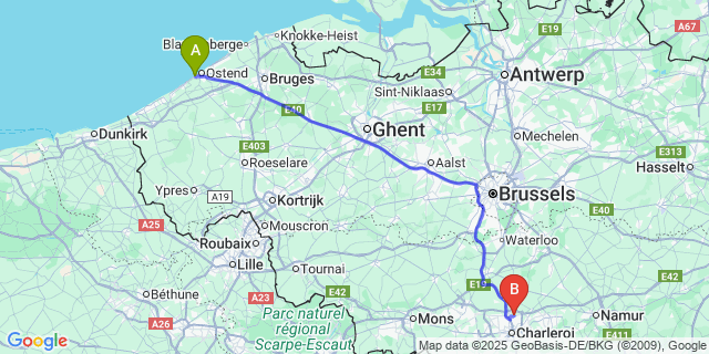 Map: Charleroi Airport Brussels South (CRL) to Mariakerke