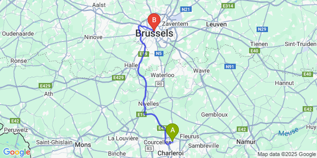 Map: Charleroi Airport Brussels South (CRL) to Abberdeen, Brussels