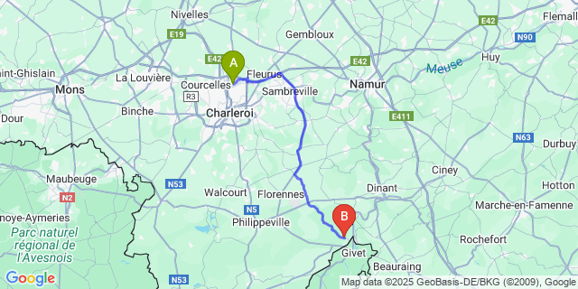 Map: Charleroi Airport Brussels South (CRL) to Agimont