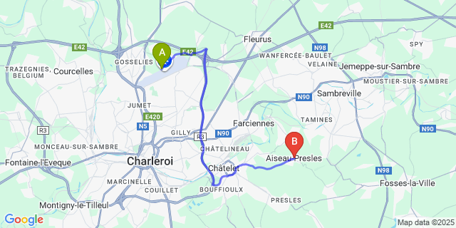 Map: Charleroi Airport Brussels South (CRL) to Aiseau-Presles