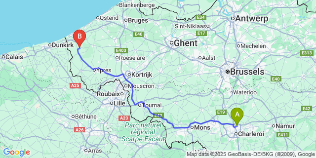Map: Charleroi Airport Brussels South (CRL) to Alveringem