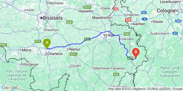 Map: Charleroi Airport Brussels South (CRL) to Amel