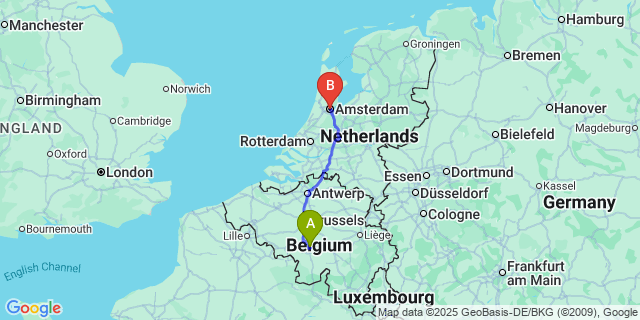 Map: Charleroi Airport Brussels South (CRL) to Amsterdam (all areas)