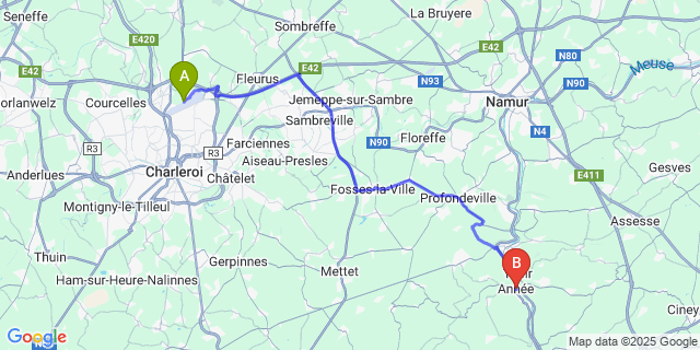 Map: Charleroi Airport Brussels South (CRL) to Anhée