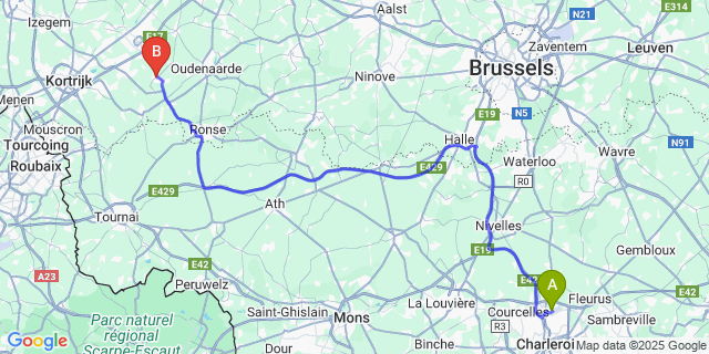 Map: Charleroi Airport Brussels South (CRL) to Anzegem