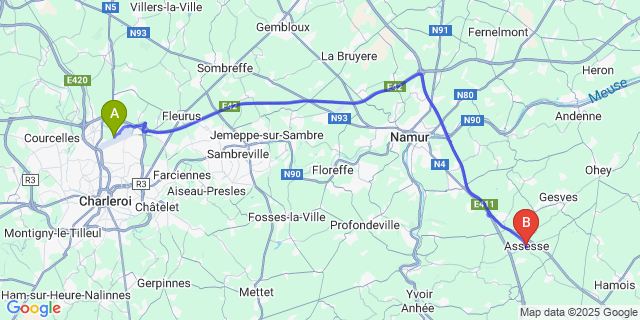 Map: Charleroi Airport Brussels South (CRL) to Assesse