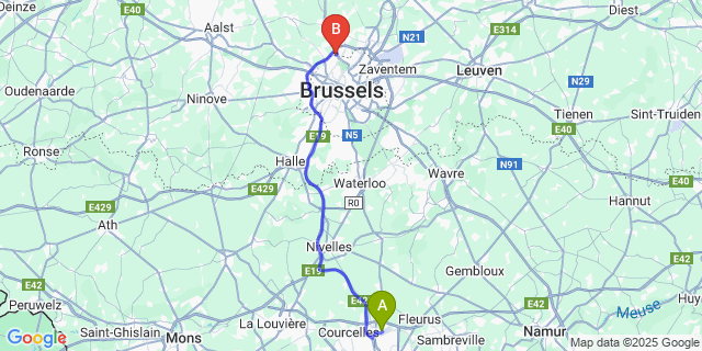 Map: Charleroi Airport Brussels South (CRL) to Atomi Hotel, Brussels