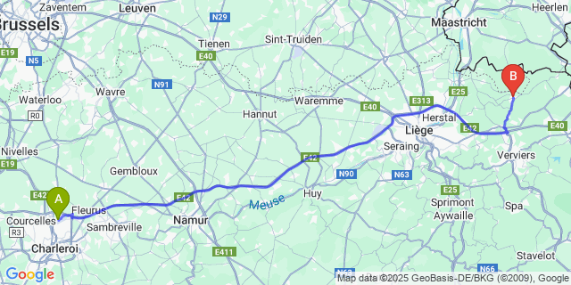 Map: Charleroi Airport Brussels South (CRL) to Aubel