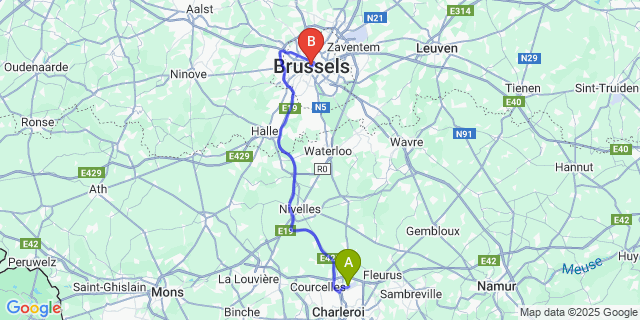 Map: Charleroi Airport Brussels South (CRL) to B-aparthotel Grand Place Brussels