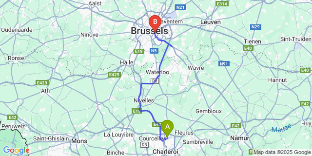 Map: Charleroi Airport Brussels South (CRL) to B&B A Cote du Cinquantenaire, Brussels