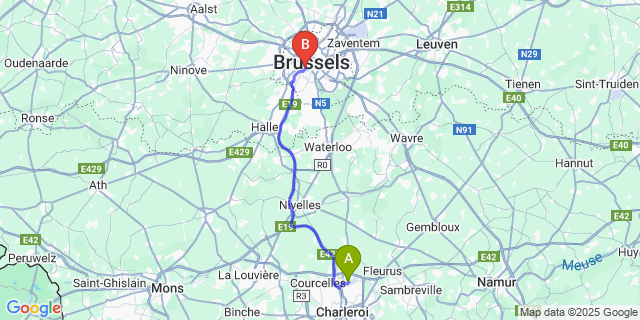 Map: Charleroi Airport Brussels South (CRL) to B&B HOTEL Brussels Centre Gare du Midi