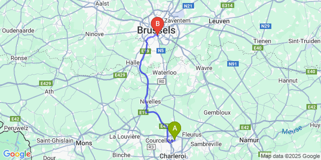 Map: Charleroi Airport Brussels South (CRL) to B&B HOTEL Brussels Centre Louise