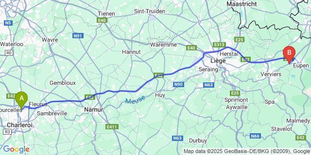 Map: Charleroi Airport Brussels South (CRL) to Baelen