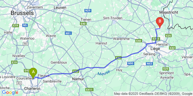 Map: Charleroi Airport Brussels South (CRL) to Bassenge
