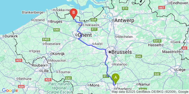 Map: Charleroi Airport Brussels South (CRL) to Bassevelde