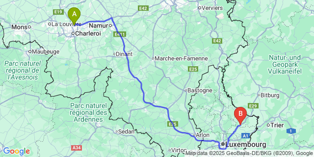 Map: Charleroi Airport Brussels South (CRL) to Bech