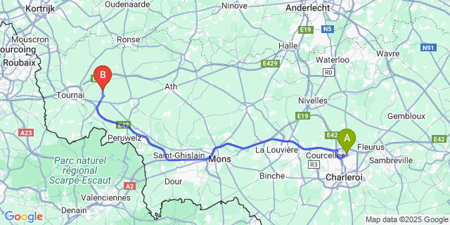 Map: Charleroi Airport Brussels South (CRL) to Béclers