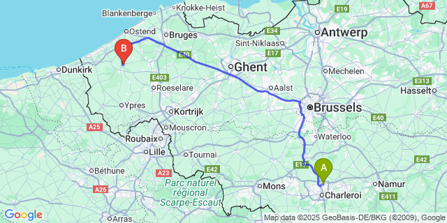 Map: Charleroi Airport Brussels South (CRL) to Beerst