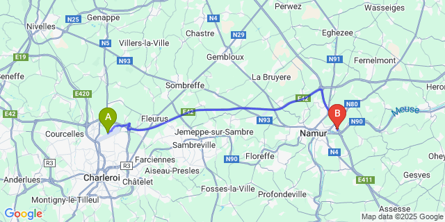 Map: Charleroi Airport Brussels South (CRL) to Beez